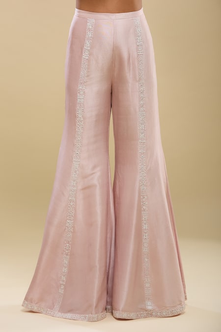 Shop_Mishru_Pink Embroidery, Lace V-neck Husna Kurta Bell Pant Set _Online_at_Aza_Fashions