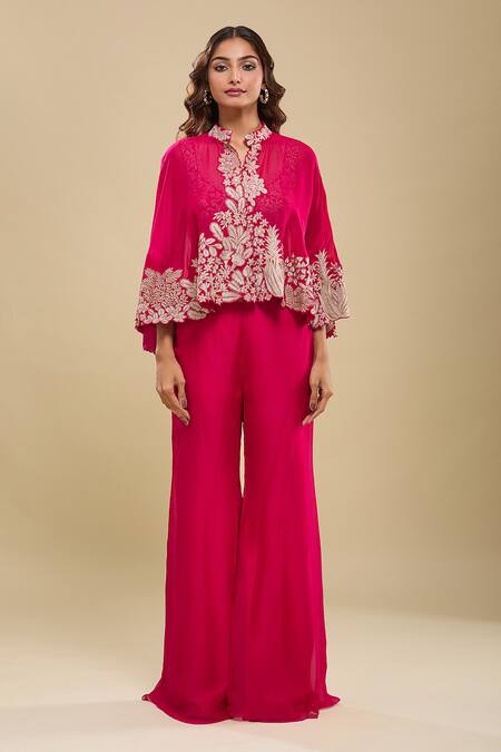 Buy_Mishru_Fuchsia Round Neck, Cape Bustier Pants Set _Online_at_Aza_Fashions
