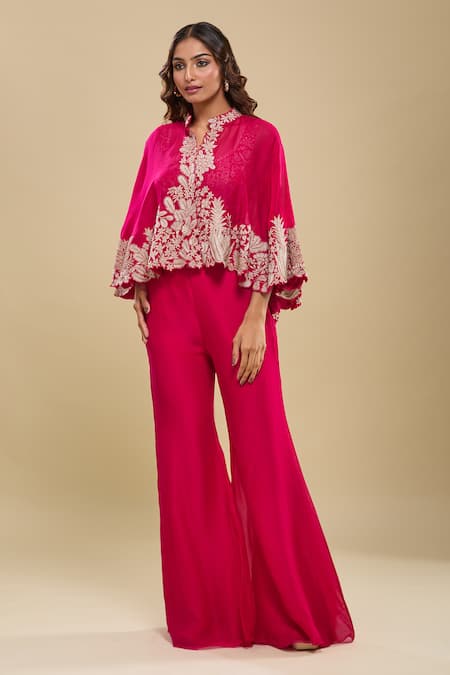 Mishru_Fuchsia Round Neck, Cape Bustier Pants Set _at_Aza_Fashions
