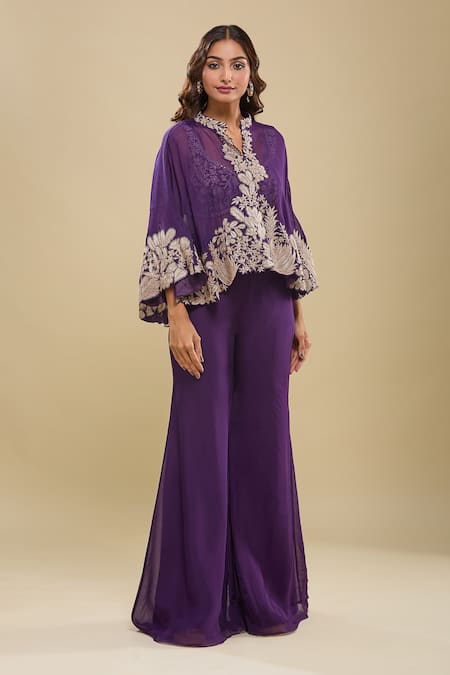 Mishru_Purple V-, Sweetheart Cape Bustier Pant Set _Online_at_Aza_Fashions