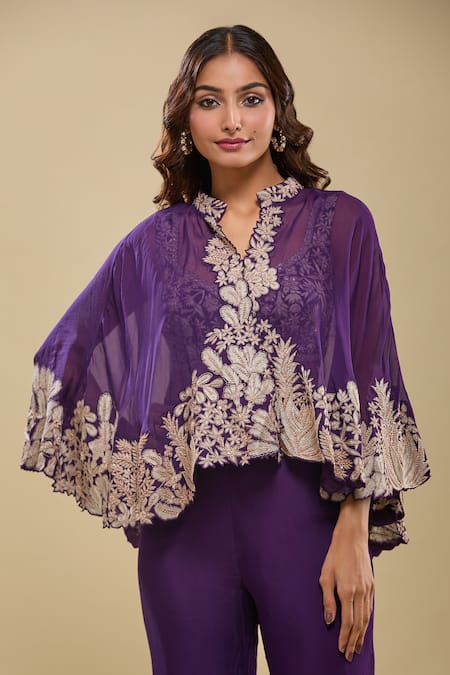 Shop_Mishru_Purple V-, Sweetheart Cape Bustier Pant Set _Online_at_Aza_Fashions