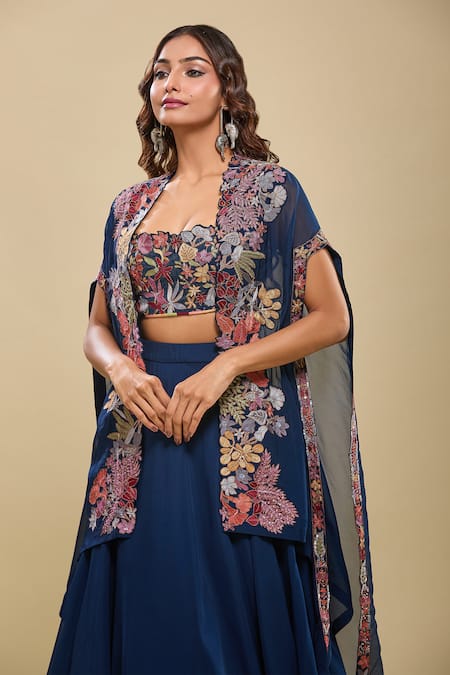 Mishru_Blue Embroidery Sweetheart , Open Navy Pleated Cape Skirt Set _Online_at_Aza_Fashions