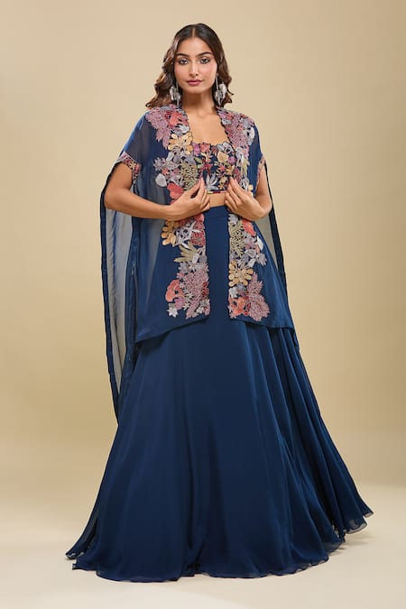 Shop_Mishru_Blue Embroidery Sweetheart , Open Navy Pleated Cape Skirt Set _Online_at_Aza_Fashions