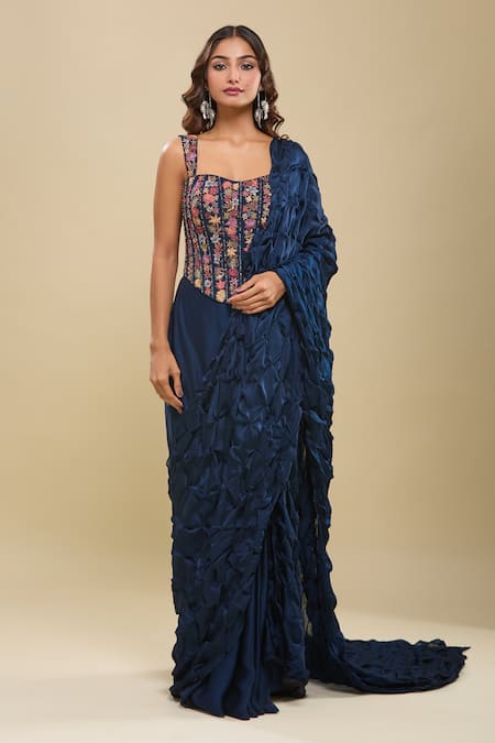 Mishru_Blue Embroidery, Beads Sweetheart Neck Floral Corset And Pre-draped Saree _Online_at_Aza_Fashions