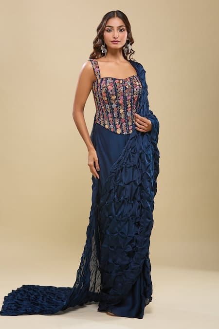 Buy_Mishru_Blue Embroidery, Beads Sweetheart Neck Floral Corset And Pre-draped Saree _Online_at_Aza_Fashions