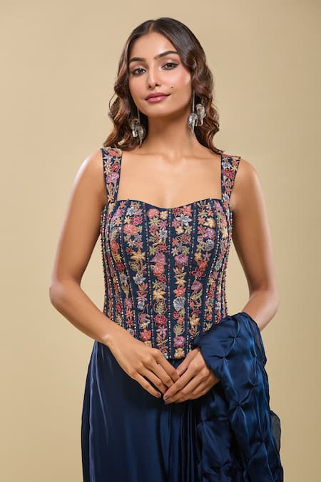 Mishru_Blue Embroidery, Beads Sweetheart Neck Floral Corset And Pre-draped Saree _at_Aza_Fashions