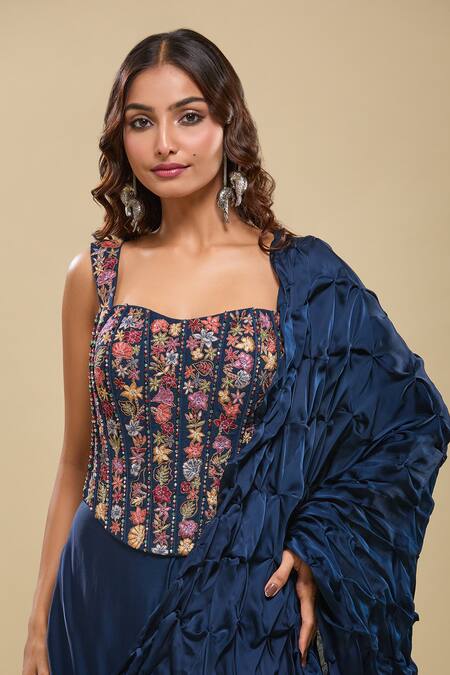 Buy_Mishru_Blue Embroidery, Beads Sweetheart Neck Floral Corset And Pre-draped Saree 