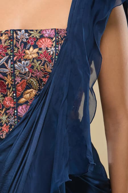Mishru_Blue Embroidery Square Neck Corset And Ruffled Pre-draped Saree _at_Aza_Fashions