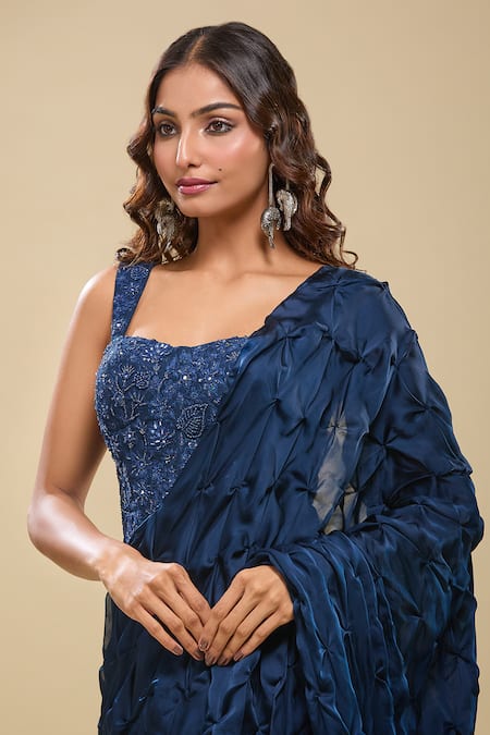 Mishru_Blue Beads, Sequins Sweetheart Embroidered Corset And Textured Pre-draped Saree _Online_at_Aza_Fashions