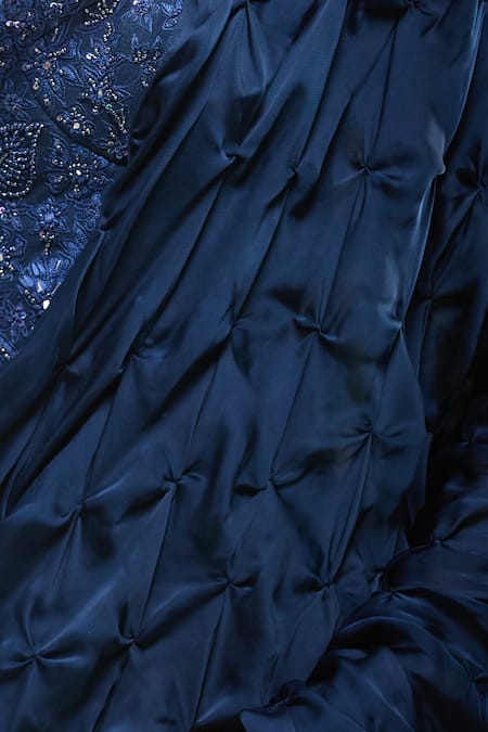 Buy_Mishru_Blue Beads, Sequins Sweetheart Embroidered Corset And Textured Pre-draped Saree _Online_at_Aza_Fashions
