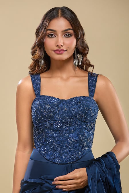 Shop_Mishru_Blue Beads, Sequins Sweetheart Embroidered Corset And Textured Pre-draped Saree _Online_at_Aza_Fashions