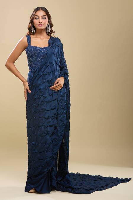 Mishru_Blue Beads, Sequins Sweetheart Embroidered Corset And Textured Pre-draped Saree _at_Aza_Fashions