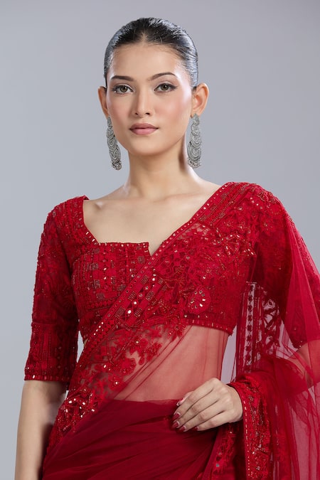 Buy_Mishru_Red Embroidery, Sequins Square , Notched Geometric Saree With Blouse _Online_at_Aza_Fashions