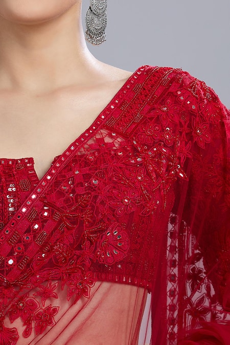 Shop_Mishru_Red Embroidery, Sequins Square , Notched Geometric Saree With Blouse _Online_at_Aza_Fashions