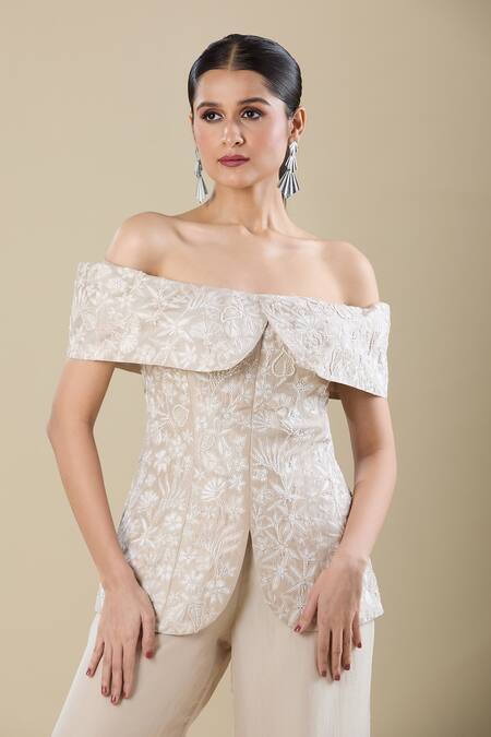Mishru_Beige Embroidery Off-shoulder Champagne Top And Flared Pant Set _Online_at_Aza_Fashions