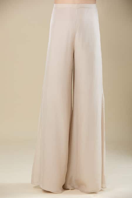 Buy_Mishru_Beige Embroidery Off-shoulder Champagne Top And Flared Pant Set _Online_at_Aza_Fashions