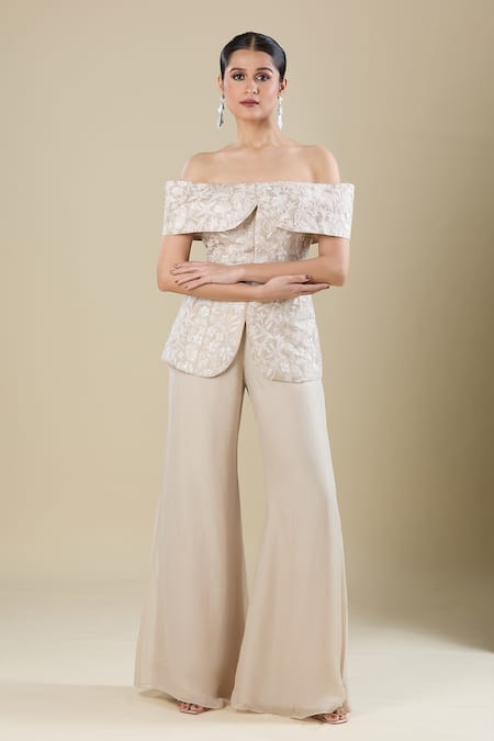 Mishru Champagne Embroidered Top & Flared Pant Set 