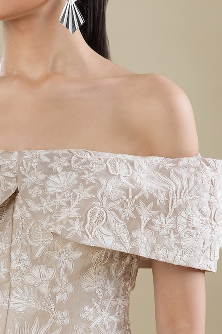 Mishru_Beige Embroidery Off-shoulder Champagne Top And Flared Pant Set _at_Aza_Fashions