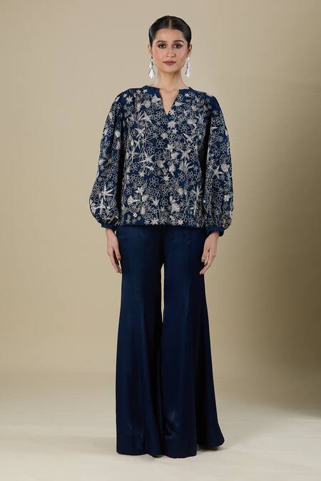 Mishru_Blue Embroidery V-neck Navy Top And Bell Bottom Pant _Online_at_Aza_Fashions