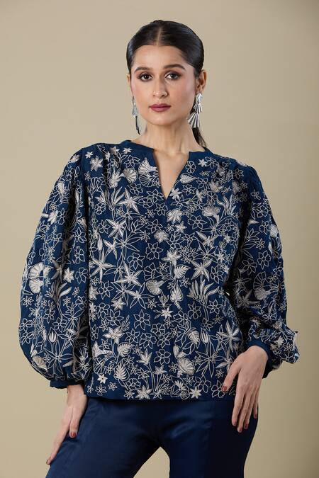 Shop_Mishru_Blue Embroidery V-neck Navy Top And Bell Bottom Pant _Online_at_Aza_Fashions
