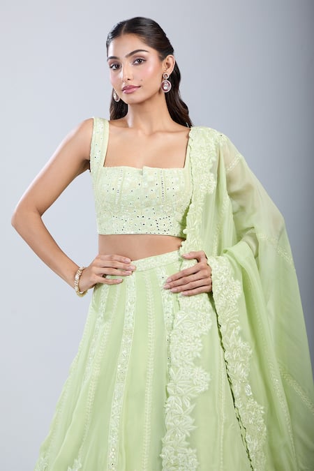 Mishru_Green Embroidery Square Neck Sea Lehenga Set _Online_at_Aza_Fashions
