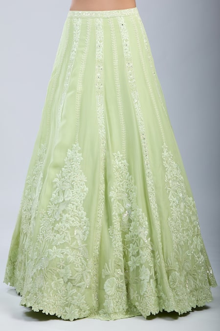 Buy_Mishru_Green Embroidery Square Neck Sea Lehenga Set _Online_at_Aza_Fashions