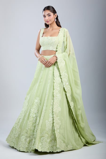 Shop_Mishru_Green Embroidery Square Neck Sea Lehenga Set _Online_at_Aza_Fashions