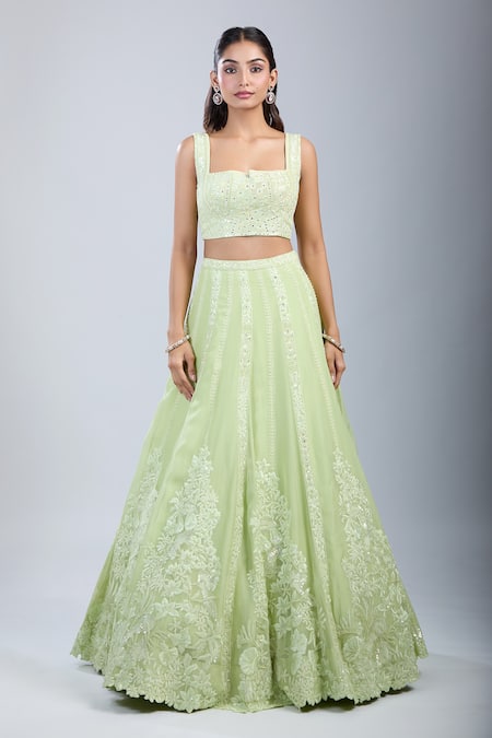 Mishru_Green Embroidery Square Neck Sea Lehenga Set _at_Aza_Fashions