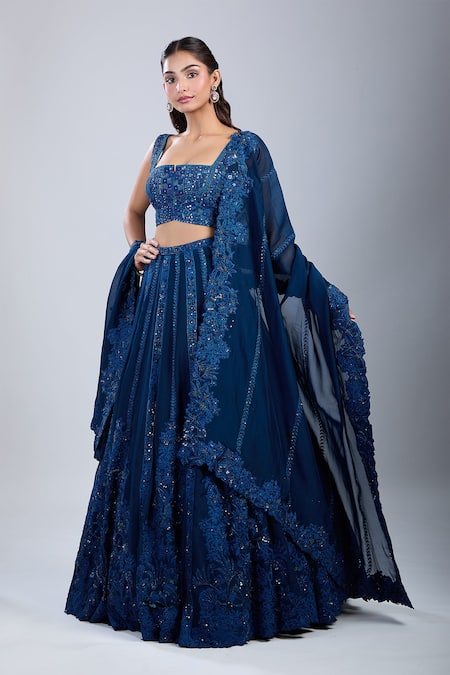 Buy_Mishru_Navy Sequins, Embroidery Square Neck Blue Lehenga Set _Online_at_Aza_Fashions