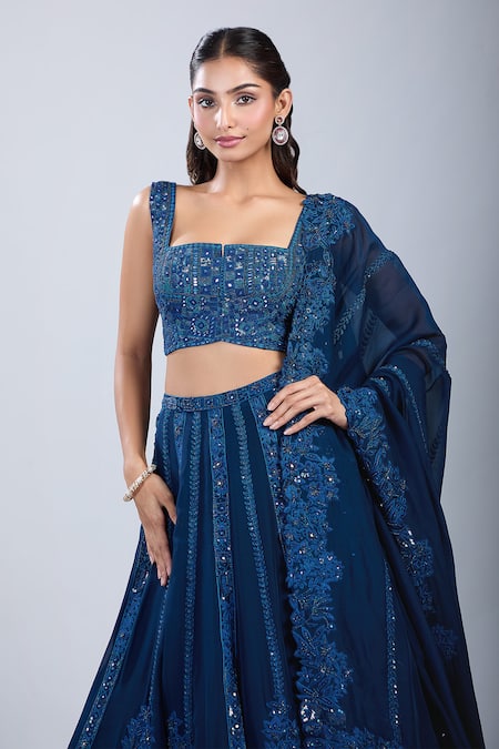 Shop_Mishru_Navy Sequins, Embroidery Square Neck Blue Lehenga Set _Online_at_Aza_Fashions
