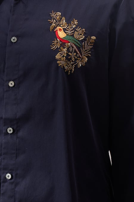 Buy_Rohit Bal_Blue Poplin Embroidery Bird Placement Shirt _Online_at_Aza_Fashions