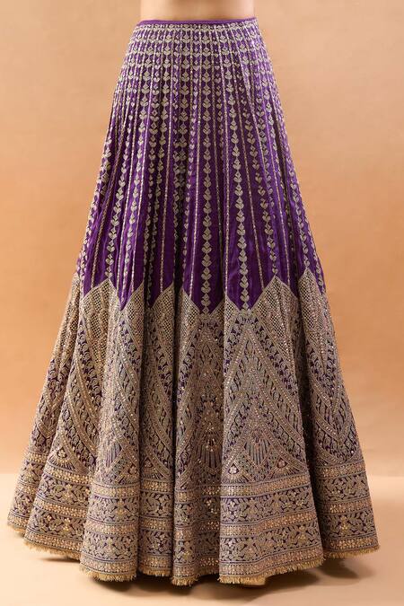Gopi Vaid_Purple Tussar, Organza Zari, Embroidery V-neck Blouse And Lehenga Set _at_Aza_Fashions