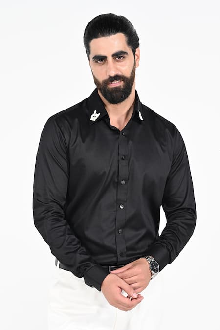 Kalpana Naik_Black Cotton Embroidery Collar Shirt _Online_at_Aza_Fashions