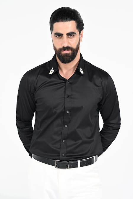 Buy_Kalpana Naik_Black Cotton Embroidery Collar Shirt _Online_at_Aza_Fashions