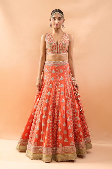 Gopi Vaid_Orange Tussar, Organza Embroidery, Sequins, Zari, Tassels V-neck Lehenga Set _at_Aza_Fashions