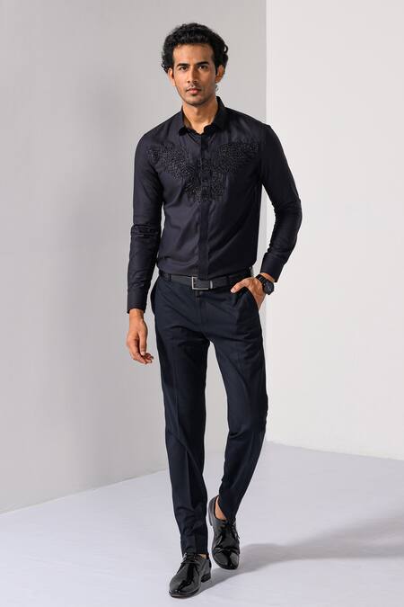 Kalpana Naik_Black , Satin Embroidery Eagle Pride Hand Shirt _at_Aza_Fashions