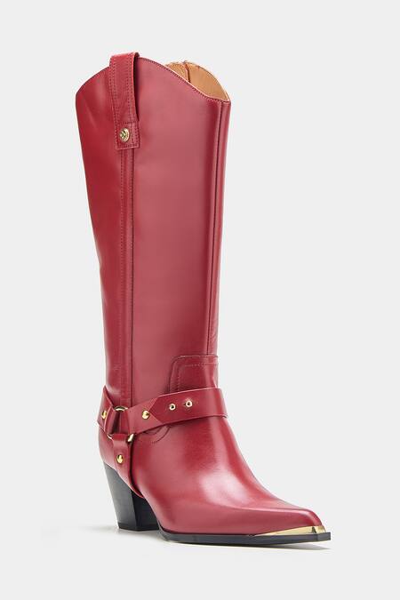 Oroh_Maroon Buckles, Studs Olivia Genuine Leather Long Boots _Online_at_Aza_Fashions