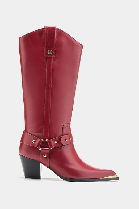 Buy_Oroh_Maroon Buckles, Studs Olivia Genuine Leather Long Boots _Online_at_Aza_Fashions