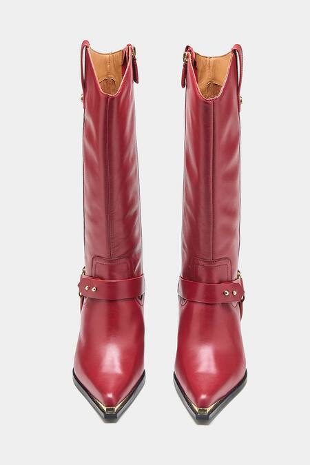 Shop_Oroh_Maroon Buckles, Studs Olivia Genuine Leather Long Boots _Online_at_Aza_Fashions
