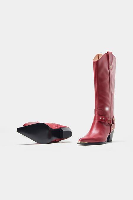 Oroh_Maroon Buckles, Studs Olivia Genuine Leather Long Boots _at_Aza_Fashions