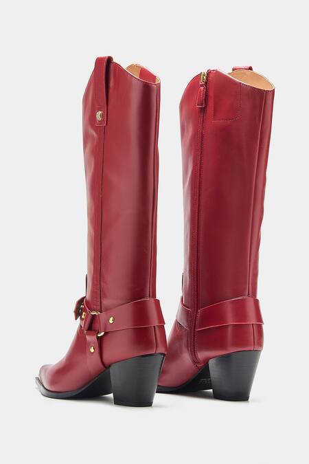 Buy_Oroh_Maroon Buckles, Studs Olivia Genuine Leather Long Boots 