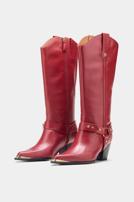 Shop_Oroh_Maroon Buckles, Studs Olivia Genuine Leather Long Boots 