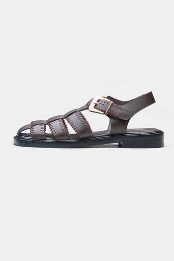 Oroh_Brown Maura Woven Strap Buckle Flats _at_Aza_Fashions