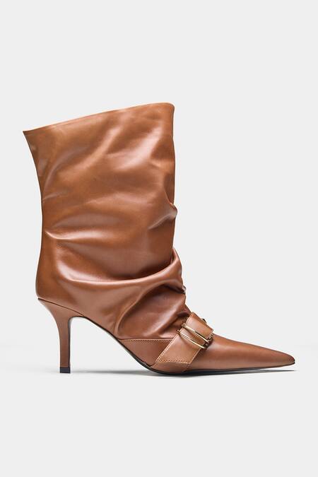 Buy_Oroh_Tan Buckles, Studs Itziar Ruched Pointed Toe Ankle Boots With _Online_at_Aza_Fashions