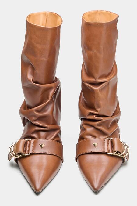 Shop_Oroh_Tan Buckles, Studs Itziar Ruched Pointed Toe Ankle Boots With _Online_at_Aza_Fashions