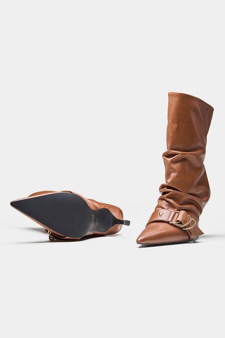 Oroh_Tan Buckles, Studs Itziar Ruched Pointed Toe Ankle Boots With _at_Aza_Fashions