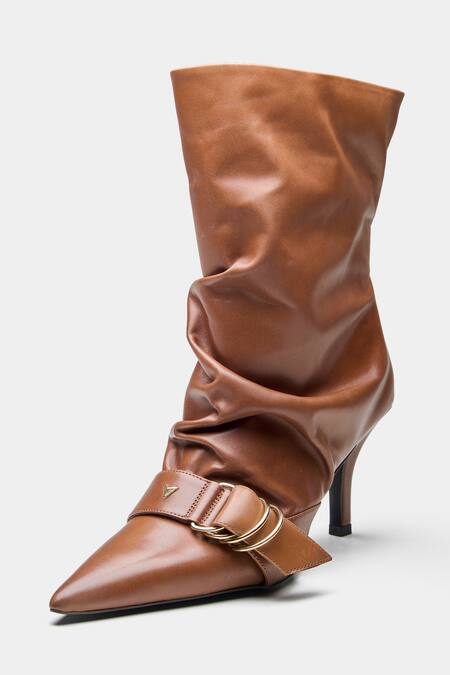 Buy_Oroh_Tan Buckles, Studs Itziar Ruched Pointed Toe Ankle Boots With 