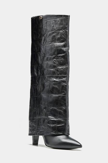 Oroh_Black Katherine Crocodile Textured Genuine Leather Long Boots _Online_at_Aza_Fashions