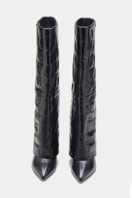 Shop_Oroh_Black Katherine Crocodile Textured Genuine Leather Long Boots _Online_at_Aza_Fashions