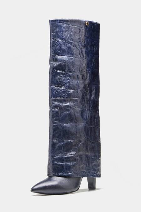 Oroh_Blue Katherine Crocodile Textured Genuine Leather Long Boots _Online_at_Aza_Fashions